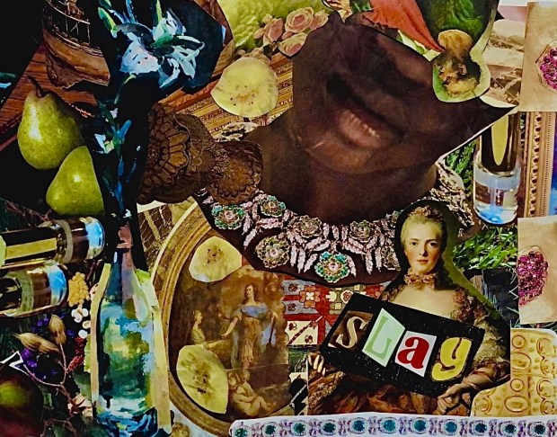 collage art made with recycled magazines. Gold, regal and a lot of jewels. A Victorian-era woman holding a sign that says "slay."