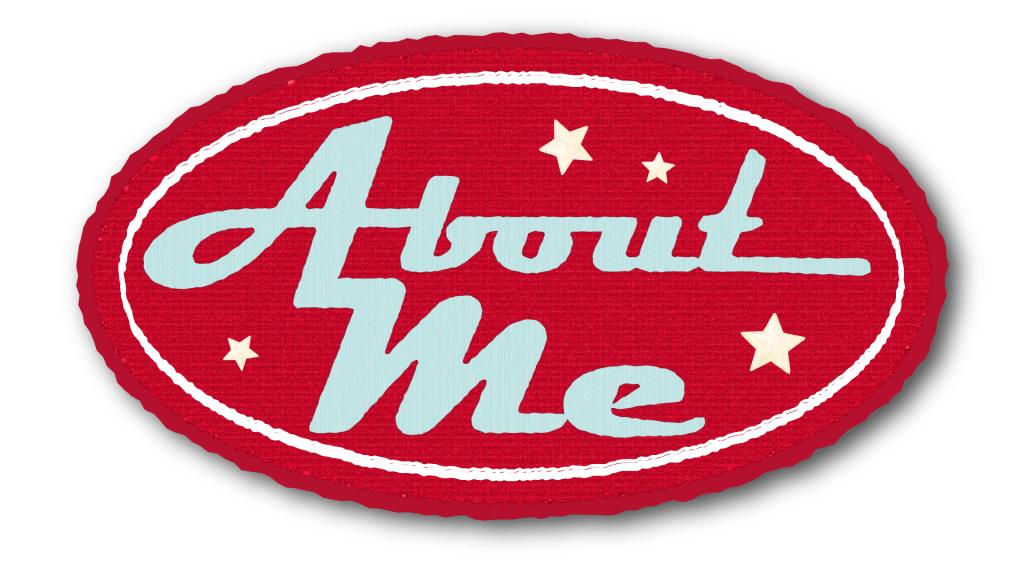Red oval badge with a textured background and light blue script reading “About Me,” accented with small white stars.